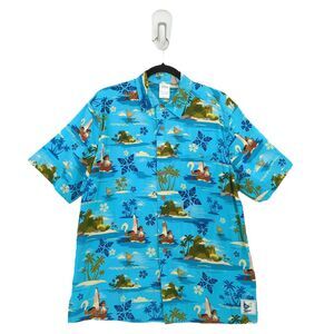 Disney Unisex S Resort Moana Woven Shirt Blue Tropical Maui Floral Hawaiian FLAW